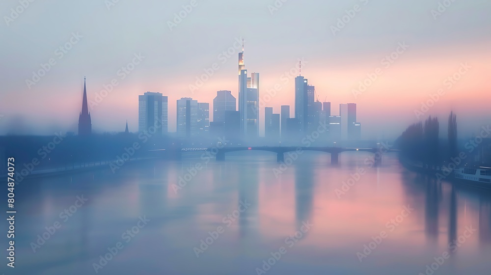 Blurred view of Frankfurt am Main skyline and river. Generative Ai