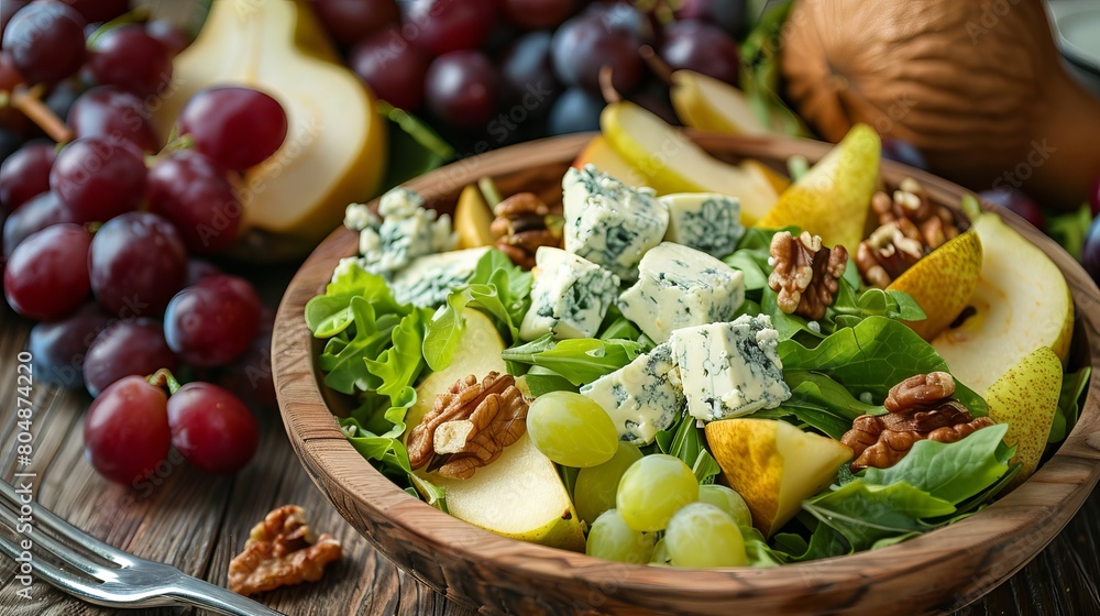 Fresh Pear and Blue Cheese Salad with Mixed Greens, Walnuts, and Red Grapes - Healthy and Delicious Food Option Fresh Pear and Blue Cheese Salad with Mixed Greens, Walnuts, and Red Grapes - Healthy and Delicious Food Option