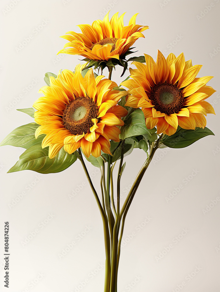 Naklejka premium bouquet of sunflowers. Sunflower arrangement isolated on white background.Two sunflowers in bouquet isolated on white background.Flowers yellow, Three Sunflower isolated on a white background.