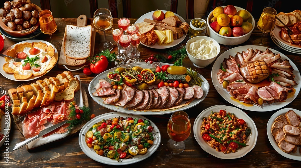 European Feast: Full Table of Delicious Dinner Party Delights - Top View Buffet with Happy Dining Vibes