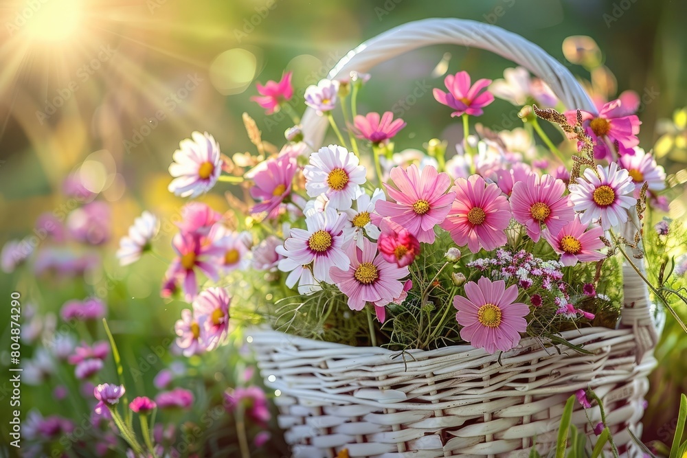 Small white Basket of pink flowers in orchard garden meadow with sunlight