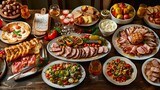 European Feast: Full Table of Delicious Dinner Party Delights - Top View Buffet with Happy Dining Vibes