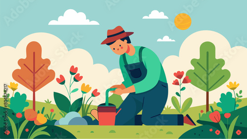 A gardener with ADHD tending to their flourishing garden channeling their tered energy into organizing and designing the perfect landscape.. Vector illustration