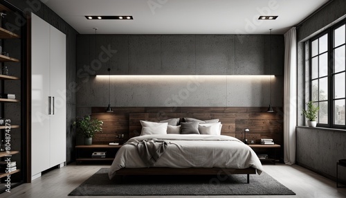 bedroom interior design with an industrial concept with hanging lights or bedroom with bed or interior of a bedroom or hotel room with bed