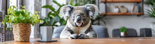 A koala as a stress management coach  promoting relaxation and mindfulness techniques in a corporate wellness center