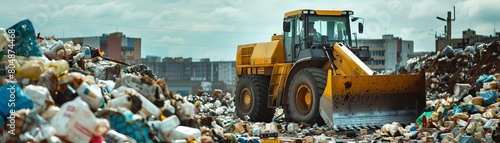 A large yellow bulldozer is clearing a pile of garbage at a landfill.