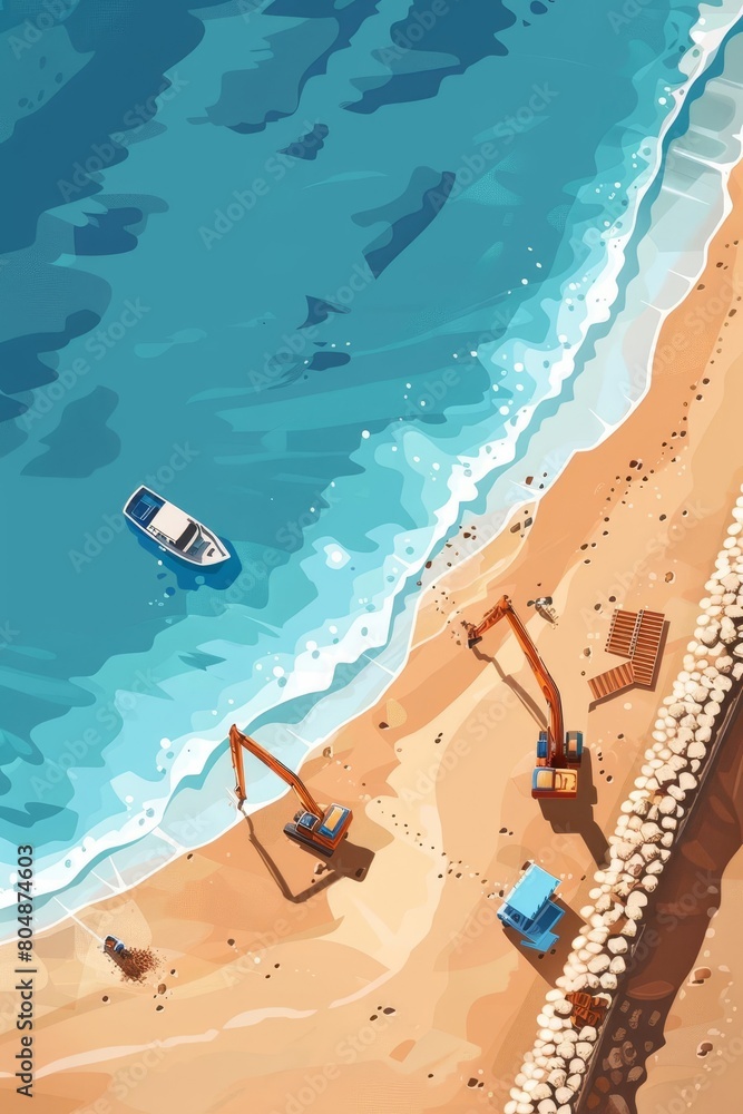 Constructing seawall on sandy beach, blue sky, birdseye view, realistic ...
