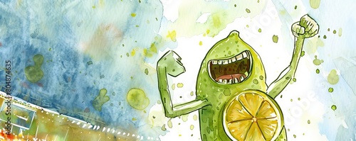A spirited lime at a soccer game, cheering wildly in a stadium, embodying team spirit and enthusiasm photo
