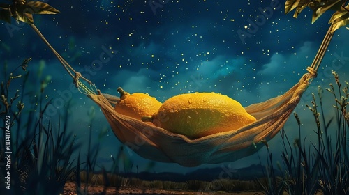 A tired lemon sleeping peacefully in a hammock, swaying gently under a starry sky, reflecting rest and relaxation