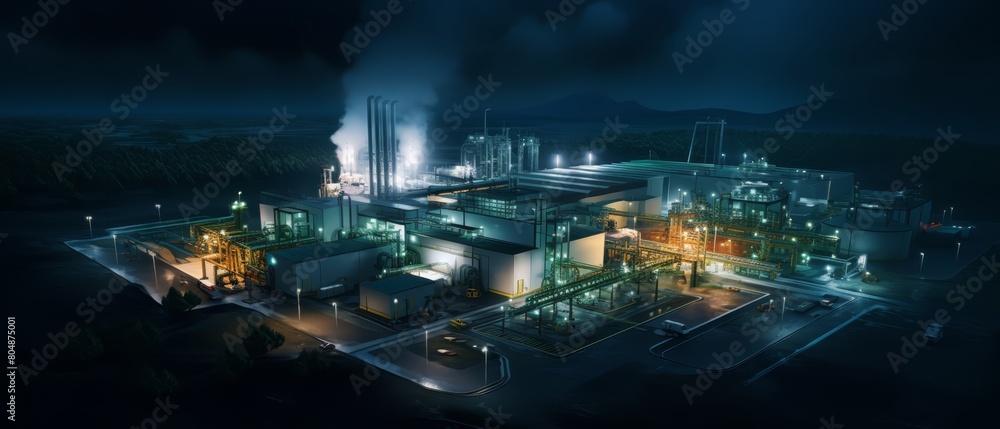Aerial night shot of a waste processing plant, with lights illuminating the facility,