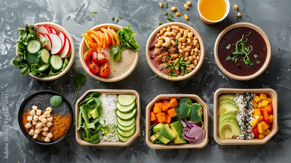 Fresh and Eco-Friendly Takeaway Delights: Salad, Soup, Poke Bowl, and More on Gray Background – Top View Fresh and Eco-Friendly Takeaway Delights: Salad, Soup, Poke Bowl, and More on Gray Background – Top View