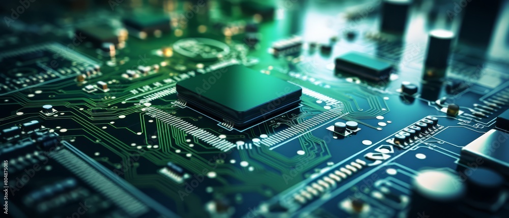 Macro shot of electronic circuit boards being assembled by automated machinery, showcasing intricate technology and modern electronics manufacturing,