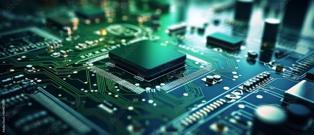 Fototapeta premium Macro shot of electronic circuit boards being assembled by automated machinery, showcasing intricate technology and modern electronics manufacturing,