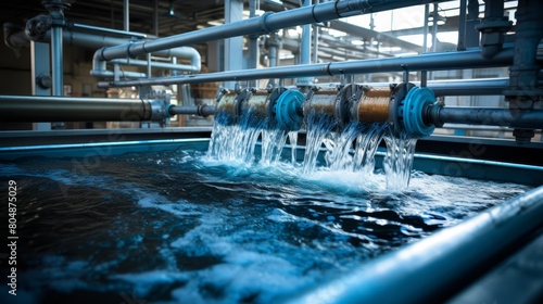 Close-up of a filter press in operation at a wastewater treatment plant, photo