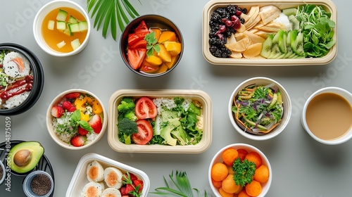 Fresh and Eco-Friendly Takeaway Delights: Salad, Soup, Poke Bowl, and More on Gray Background – Top View