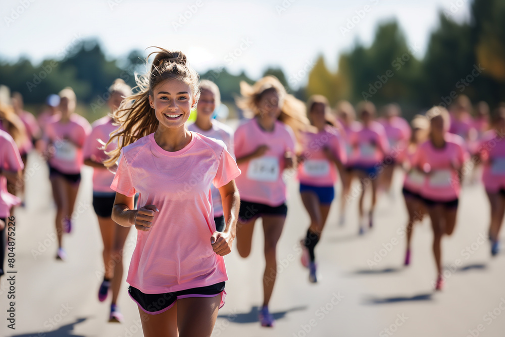 © Favio - portrait of a cute girl running in a marathon, smiling and  wearing a pink t-shirt. Concept o charity race