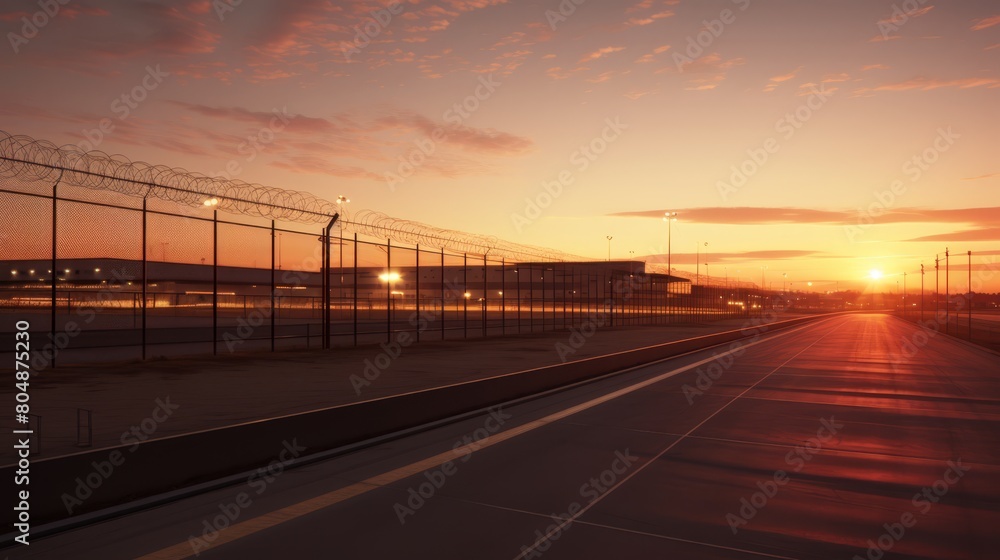 Sunrise over a large, vacant logistics compound, security fencing, serene atmosphere,