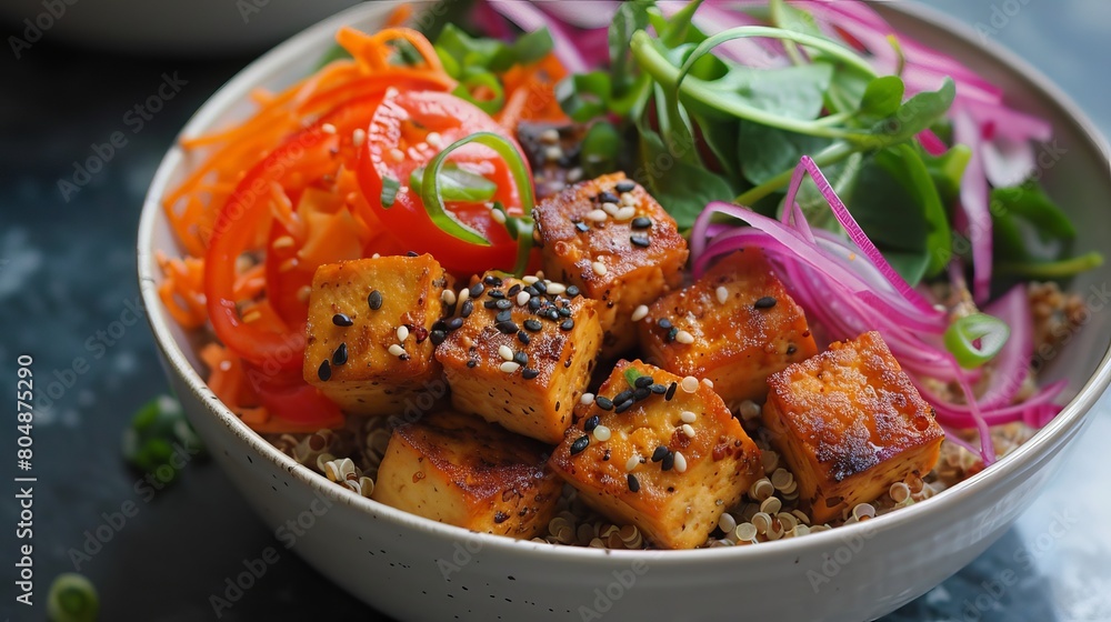 Tempting Homemade Quinoa Tofu Bowl with Fresh Avocado and Colorful Veggies, Vegan Delight Tempting Homemade Quinoa Tofu Bowl with Fresh Avocado and Colorful Veggies, Vegan Delight