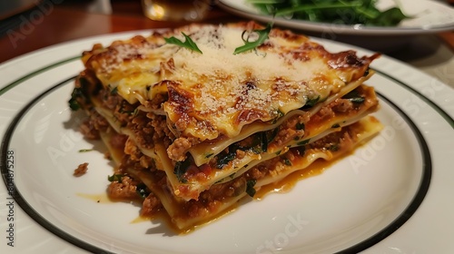 Homemade Beef Bolognese Lasagna with Bechamel Sauce, Arugula, and Parmesan Cheese Topping