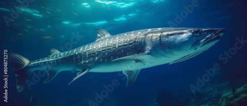 Underwater view of a fierce barracuda with gleaming scales, focused eyes, ideal for wildlife documentaries,