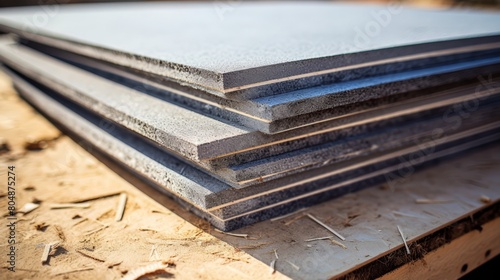 Stack of insulation panels at a building site, focus on material and thermal properties,