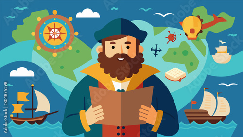 An eccentric collector with a love for all things nautical showcasing a beautifully detailed map of ancient sea routes and recounting epic adventures. Vector illustration