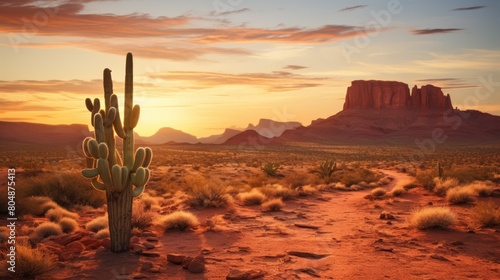 Early morning in a quiet desert, with a lone cactus and soft, warm sunrise colors,