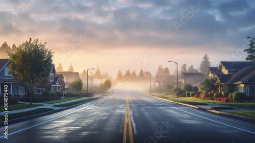 Quiet suburban road leading to a distant transportation hub  no cars  early morning dew visible 