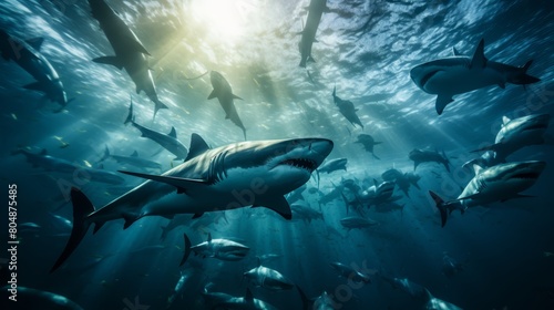 High-angle shot of a school of sharks moving through open water, illustrating group behavior and migration patterns, photo