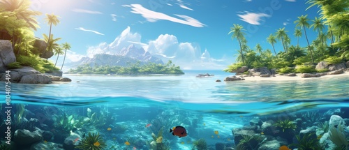 Peaceful tropical lagoon with clear blue water, fish visible, and a gentle sun,