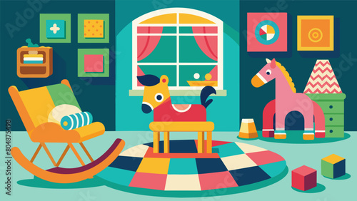 A whimsical childrens bedroom featuring a vintage rocking horse retro toys and a collection of colorful vintage quilts creating a playful and. Vector illustration