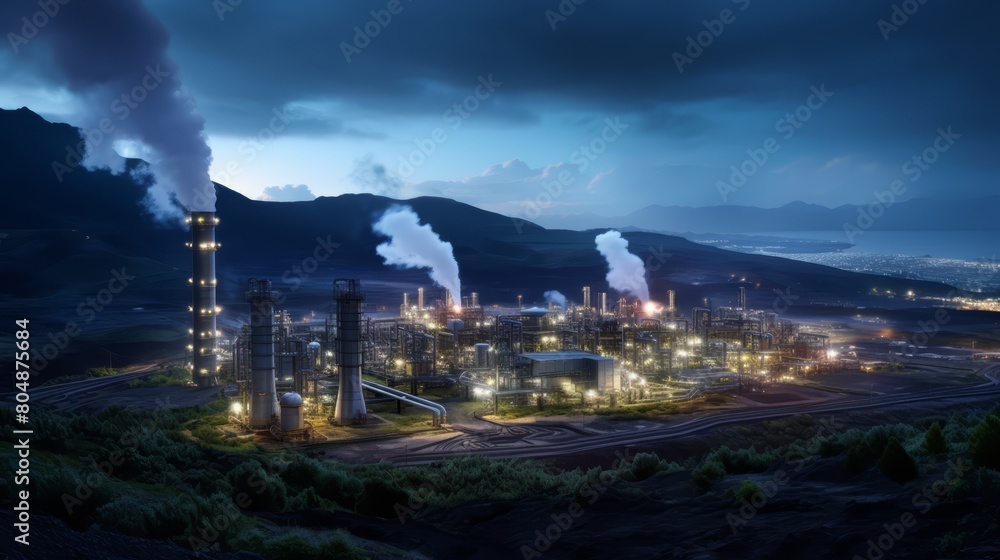 Panoramic evening shot of a geothermal plant with lights, emphasizing the blend of natural energy extraction and modern technology,