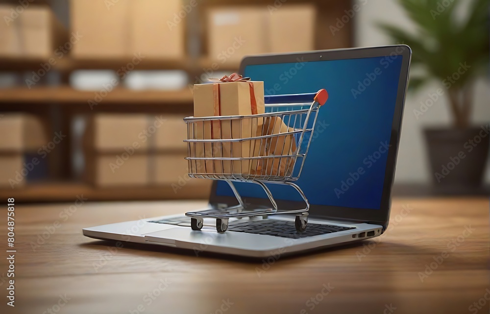 Boxes in a trolley on a laptop keyboard. Ideas about online shopping, online shopping is a form of electronic commerce that allows consumers