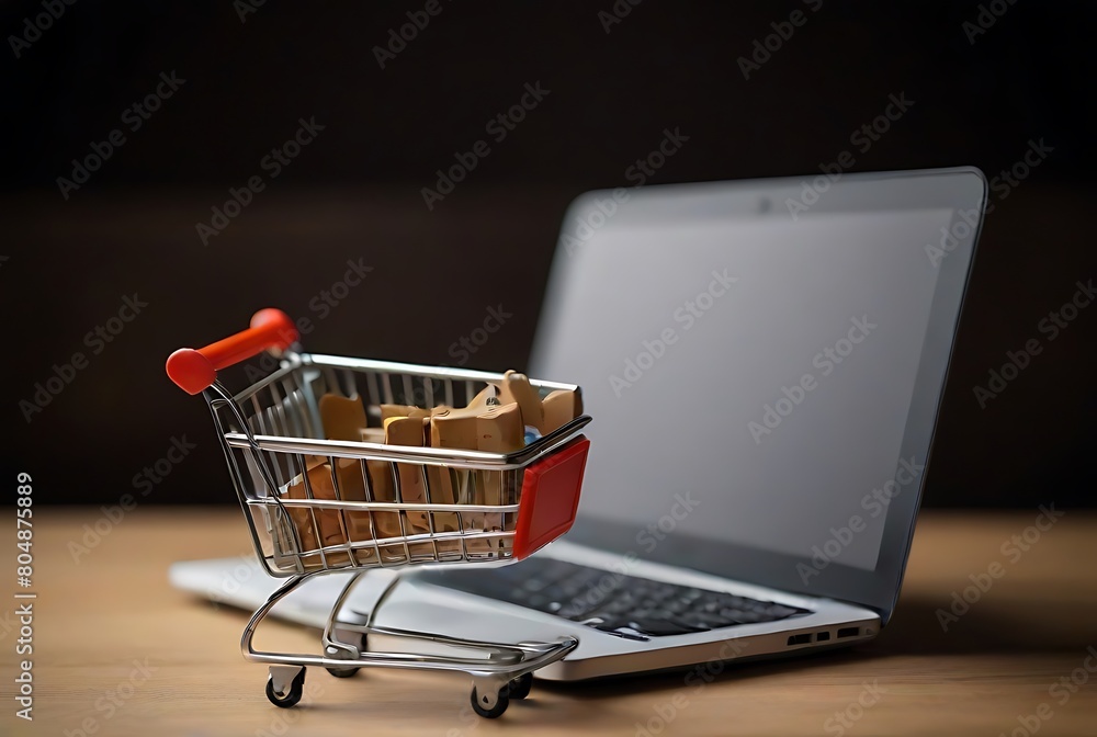 Product boxes and shopping bags are on a cart with a laptop computer showing an online company's store on the screen