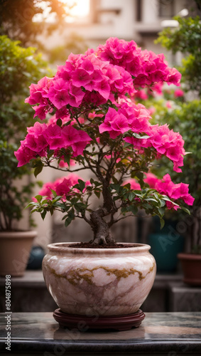 A stunning bougainvillea bonsai in a marble flowerpot in blurred backdrop