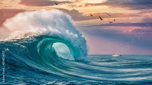 Strong ocean wave in the middle of ocean, birds fly overhead and a boat navigates the distance.