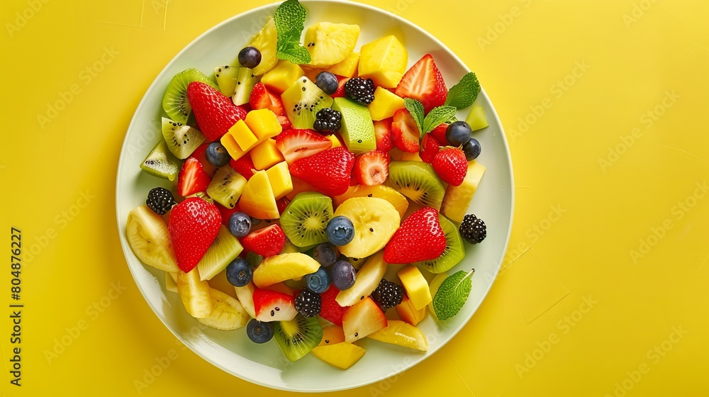 Fresh Fruit Salad on Yellow Plate - Top View, Healthy Diet Summer Concept