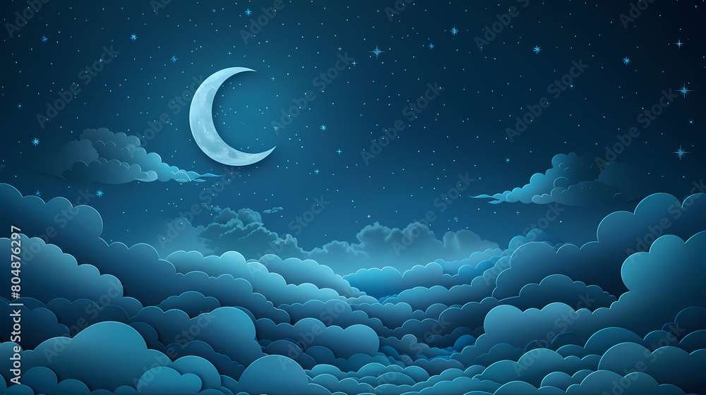 night sky with stars and moon. paper art style. Dreamy background with moon stars and clouds, abstract fantasy background. Half moon, stars and clouds on the dark night sky background night sky with stars and moon. paper art style. Dreamy background with moon stars and clouds, abstract fantasy background. Half moon, stars and clouds on the dark night sky background