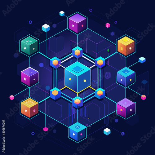 Digital blockchain networks with glowing nodes on dark backgrounds., social network concept