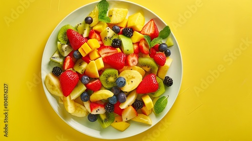 Fresh Fruit Salad on Yellow Plate - Top View, Healthy Diet Summer Concept