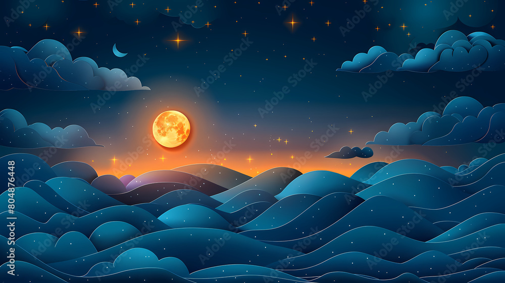Obraz premium night sky with stars and moon. paper art style. Dreamy background with moon stars and clouds, abstract fantasy background. Half moon, stars and clouds on the dark night sky background