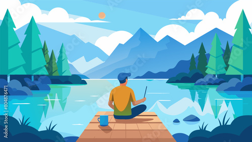 Sitting on a wooden dock overlooking a crystal clear lake an artist creates a serene watercolor painting of the tranquil scene perfectly capturing the.