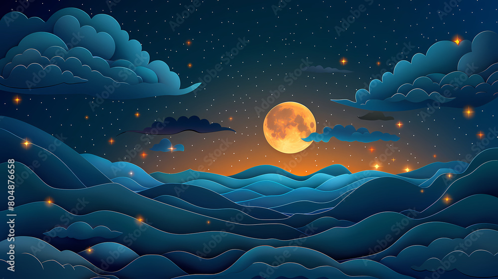 night sky with stars and moon. paper art style. Dreamy background with moon stars and clouds, abstract fantasy background. Half moon, stars and clouds on the dark night sky background night sky with stars and moon. paper art style. Dreamy background with moon stars and clouds, abstract fantasy background. Half moon, stars and clouds on the dark night sky background