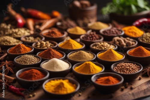 'rack traditional indian spices cooking cardamom turmeric cumin coriander seeds cinnamon chili spice set cardamon curry power ground green bowl various box metal food pepper red ingredient powder' photo
