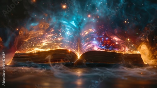 A book glows the moment it is opened, with the universe and stars as the background, celebrating Teachers' Day and conveying knowledge and theory.Illuminating the Path of Knowledge: Enchanted Book
