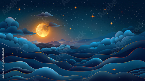 night sky with stars and moon. paper art style. Dreamy background with moon stars and clouds, abstract fantasy background. Half moon, stars and clouds on the dark night sky background