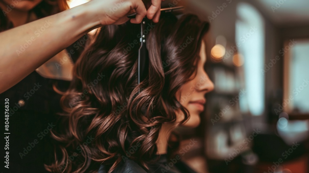 A hairdresser styling a client hair in a stylish salon A hairdresser styling a client hair in a stylish salon