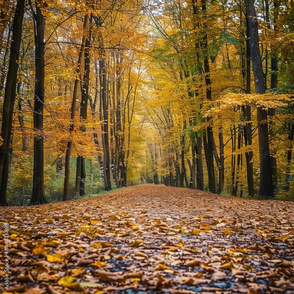 Obraz premium A beautiful park with a long path covered with fallen leaves