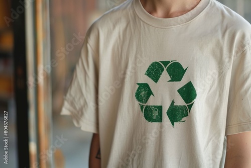 Boost your eco-friendly brand with this image featuring a green recycling symbol on a t-shirt. Perfect for sustainability-focused businesses and finance ventures. photo