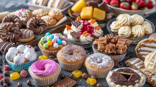 Assorted High-Sugar Foods Displayed on a Wooden Table - Sweet Treats and Desserts Collection
